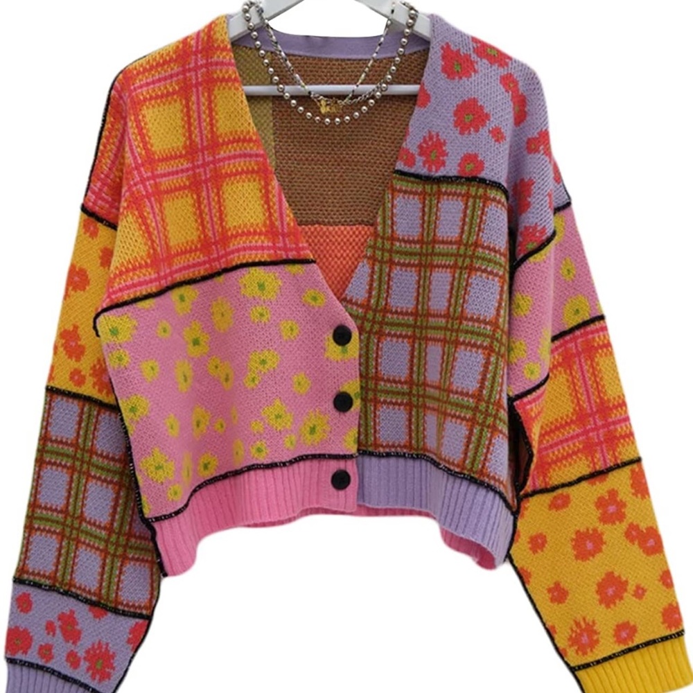Cropped Patchwork Floral Cardigan